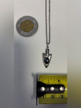 Arrowhead Pendant with Black Onyx Gemstone on Silvertone Chain - 20”